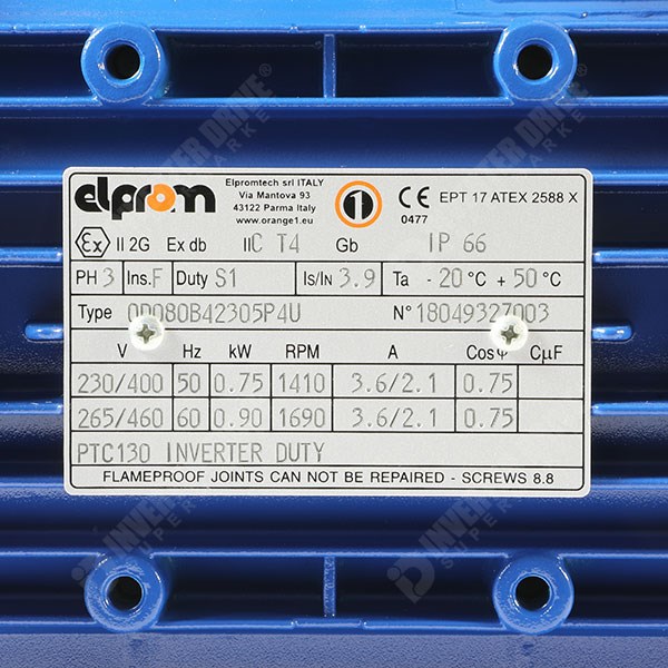 Photo of Elprom 0.75kW Aluminium ATEX  Zone 21 Three Phase Motor 230V/400V 4 Pole 80 Frame B35