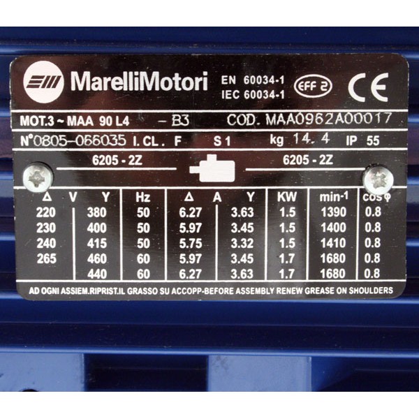 Photo of Marelli 1.5kW (2HP) x 1400RPM/2800RPM 230V/400V 3ph AC Vector Motor, 90 Frame
