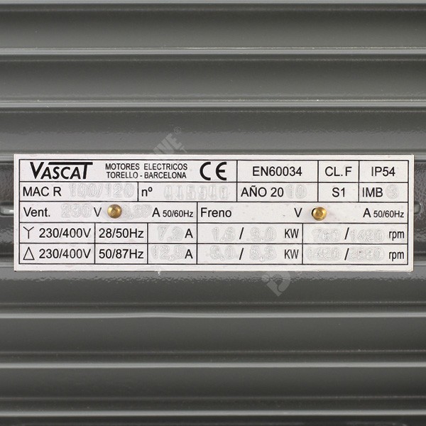 Photo of Vascat 5.4kW x 2565RPM/5000RPM 400V x 87Hz 3ph AC Vector Motor, B3, IP54, 100 Frame